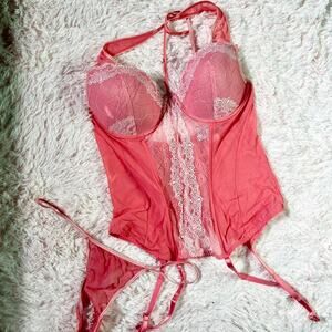 Pink Lace Sexy Valentines Day Padded Flirty Fairy Lingerie Bodysuit Stockings